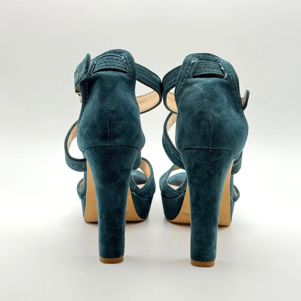 Vince Camuto Shayla Teal Blue Suede Platform Block Heel Sandals Womens 7.5 M